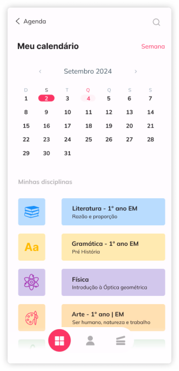 Tela de calendário do aluno no app ale.