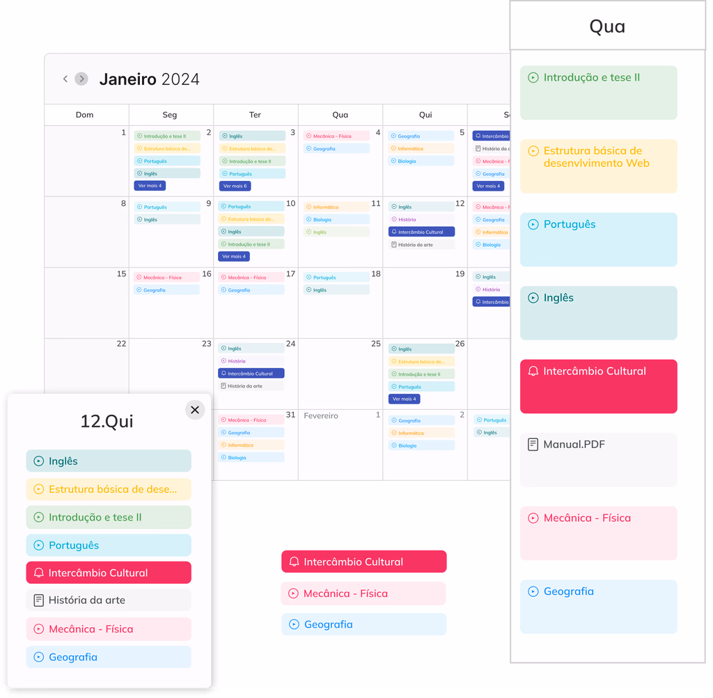 Calendário mensal da plataforma ale. com as aulas do dia, materiais anexados e alertas