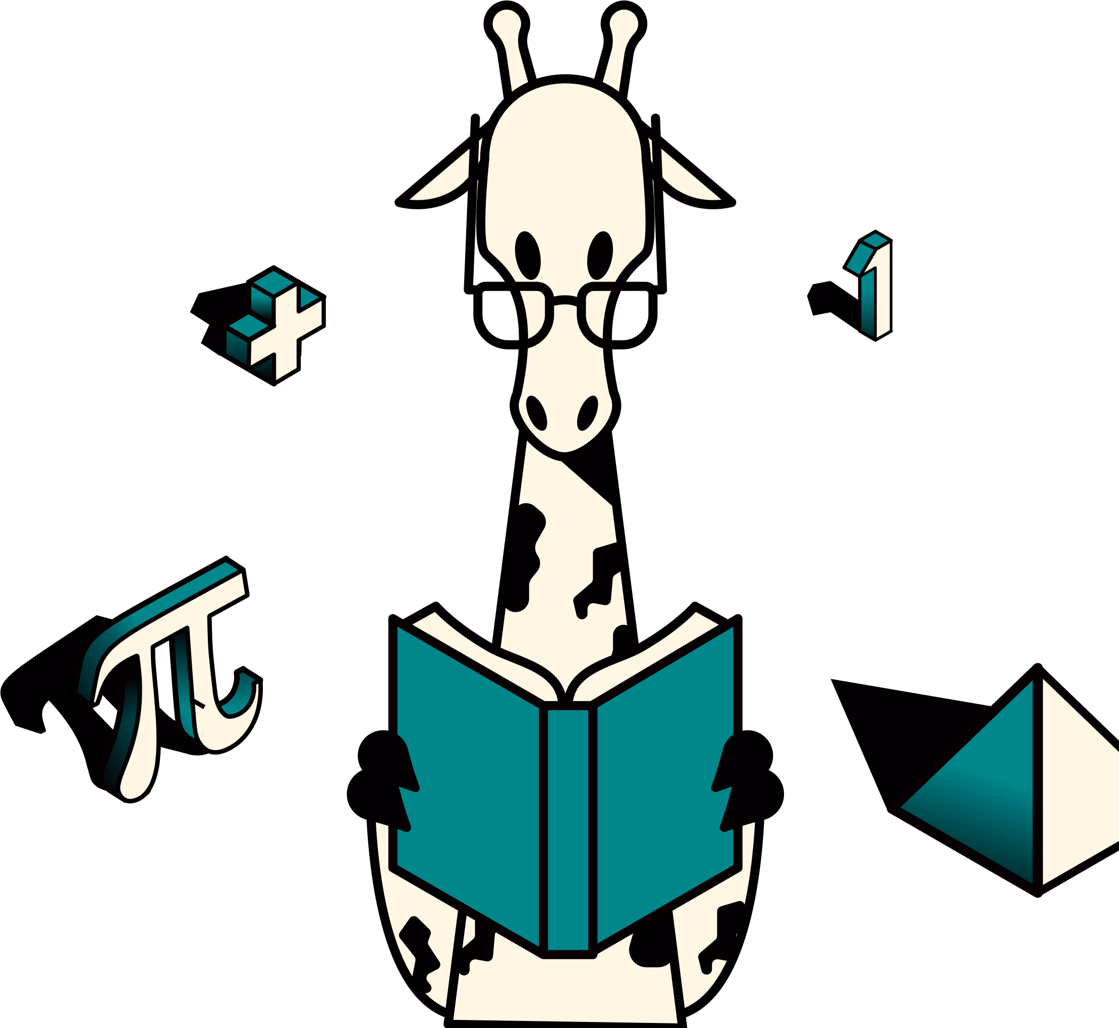 Girafa de óculos lendo um livro, cercada por símbolos matemáticos